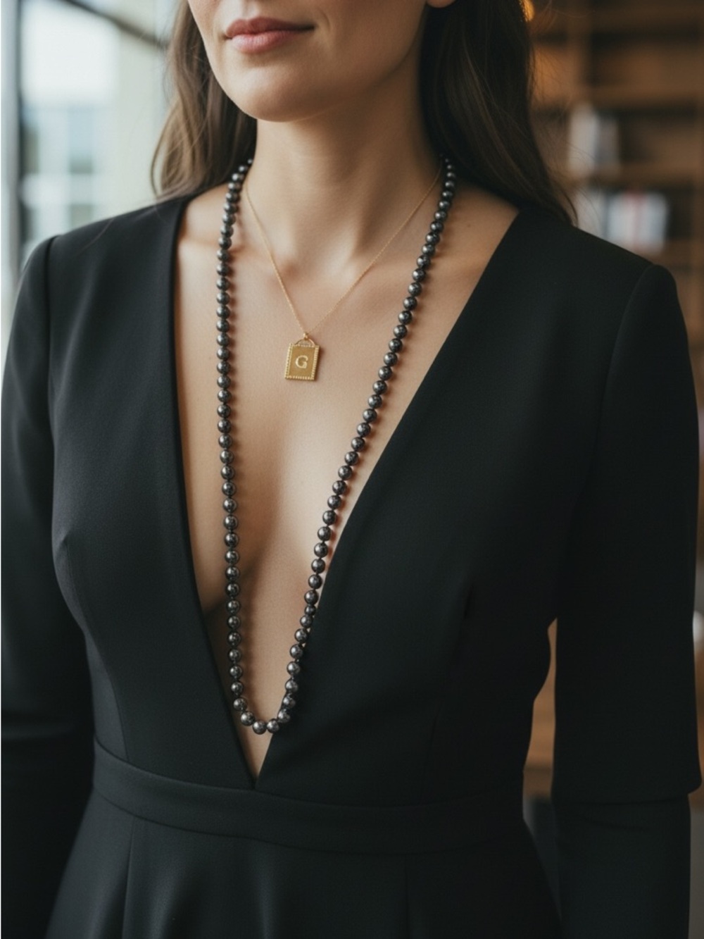 Long Black Hematite Bead Necklace – 32” Knotted Strand, Layering Piece - Picture 2 of 5